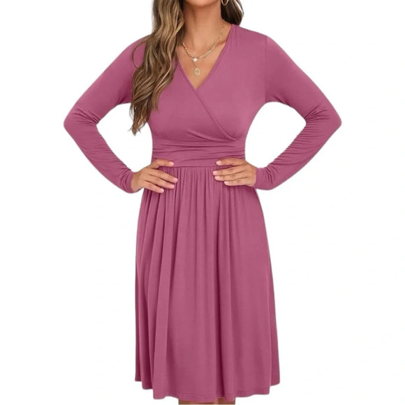 NWT GRECERELLE Dress for Women Casual Ruffle Long Sleeve Wrap V-Neck Dress - Picture 1 of 6